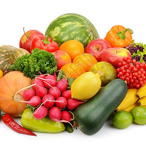 白種下孤立的水果和蔬菜